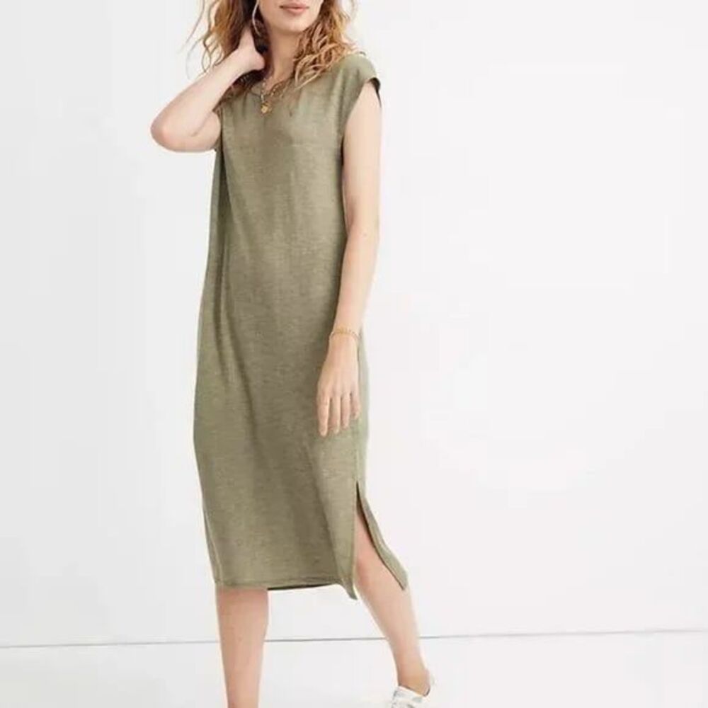Madewell Women's Olive Green Muscle Side Slits Basic Casual Hi Lo Midi Dress S